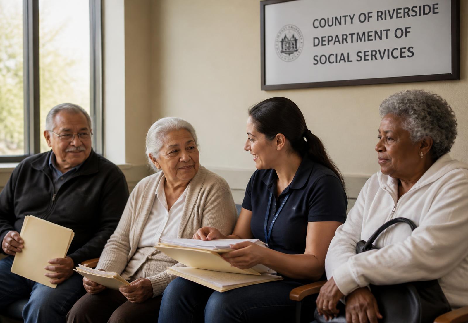 Older adults and a caseworker reviewing paperwork in a social services waiting room